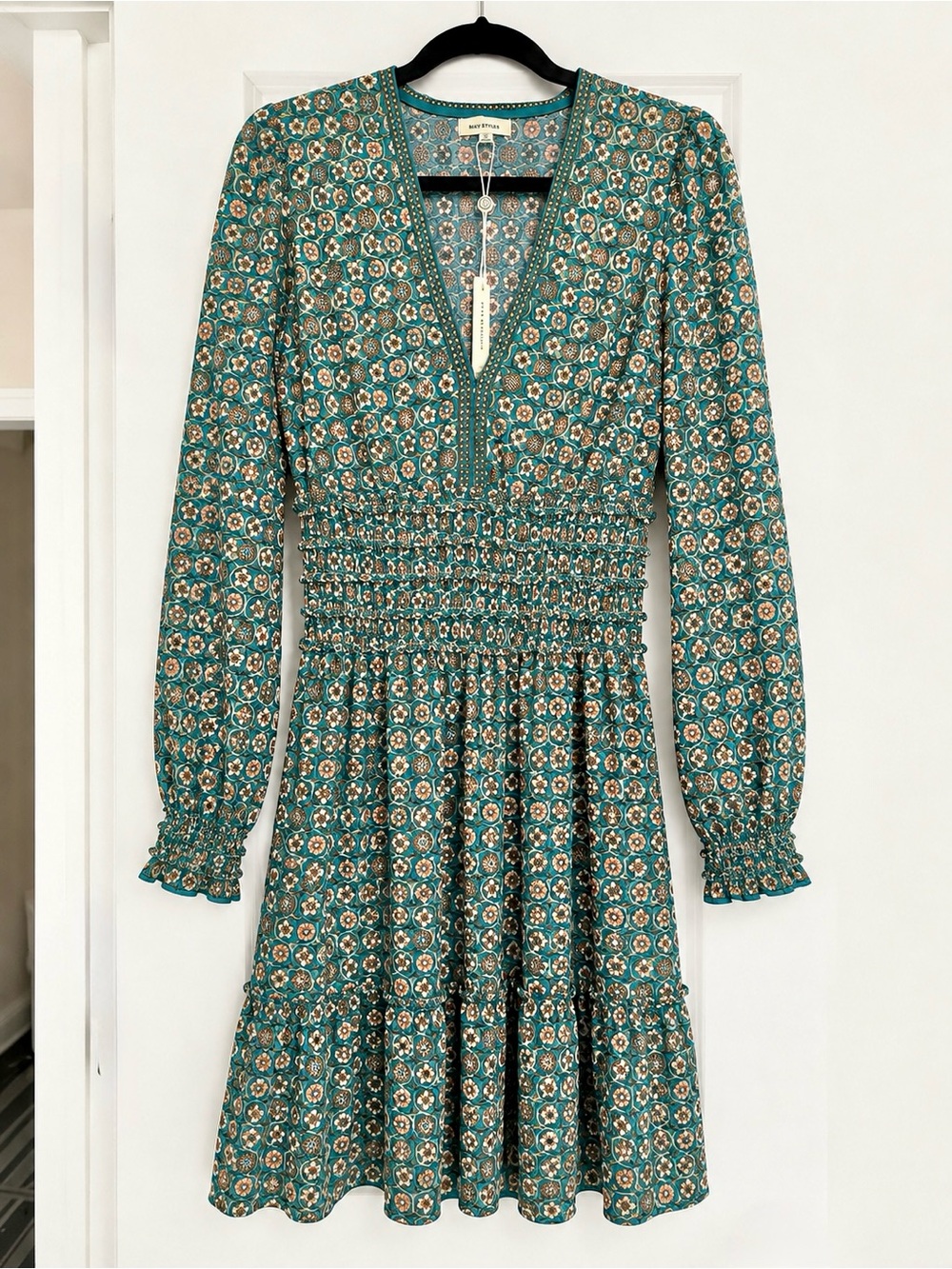 Max Studio Teal Floral Smocked Waist Long Sleeve Mini Dress - Picture 2 of 10